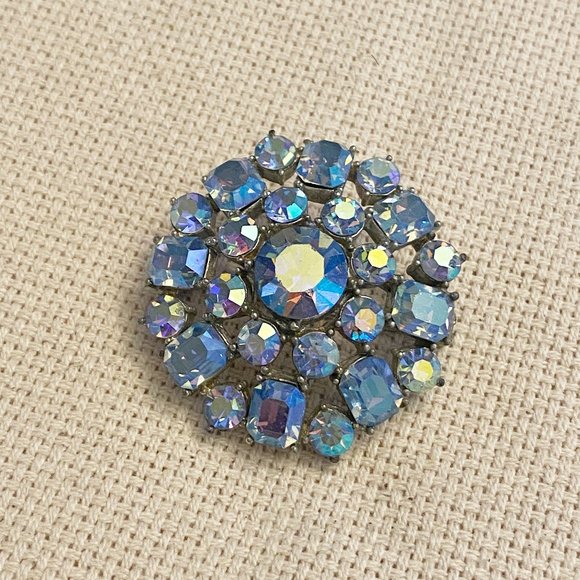 Vintage Jewelry - Vintage Round Crystal Blue Rhinestone Brooch Pin Aurora Borealis